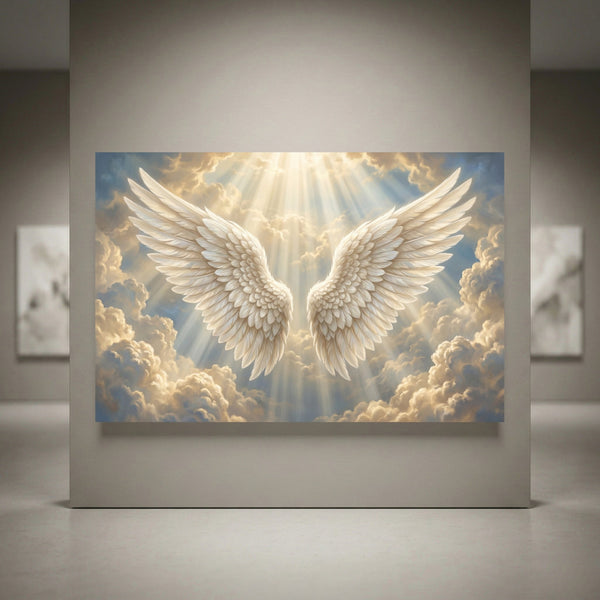 Divine angel wings canvas print with golden heavenly clouds and radiant light rays in an ethereal art style.