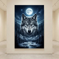 Majestic blue-eyed wolf under a full moon in a starry winter forest with snowy mountains and a shimmering river canvas print.