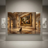 Calico cat in a grand art museum looking at a large classical painting, elegant oil painting style canvas print.