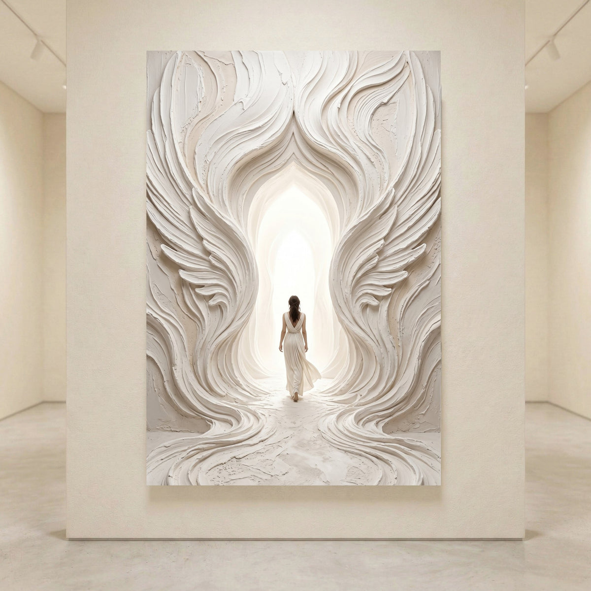 Ethereal woman walks into bright light through a textured white archway, resembling flowing wings. Spiritual journey canvas print.