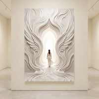 Ethereal woman walks into bright light through a textured white archway, resembling flowing wings. Spiritual journey canvas print.