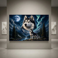 Majestic husky dog canvas print featuring a detailed headshot and a full body husky in a moonlit, aurora-filled mountain landscape.