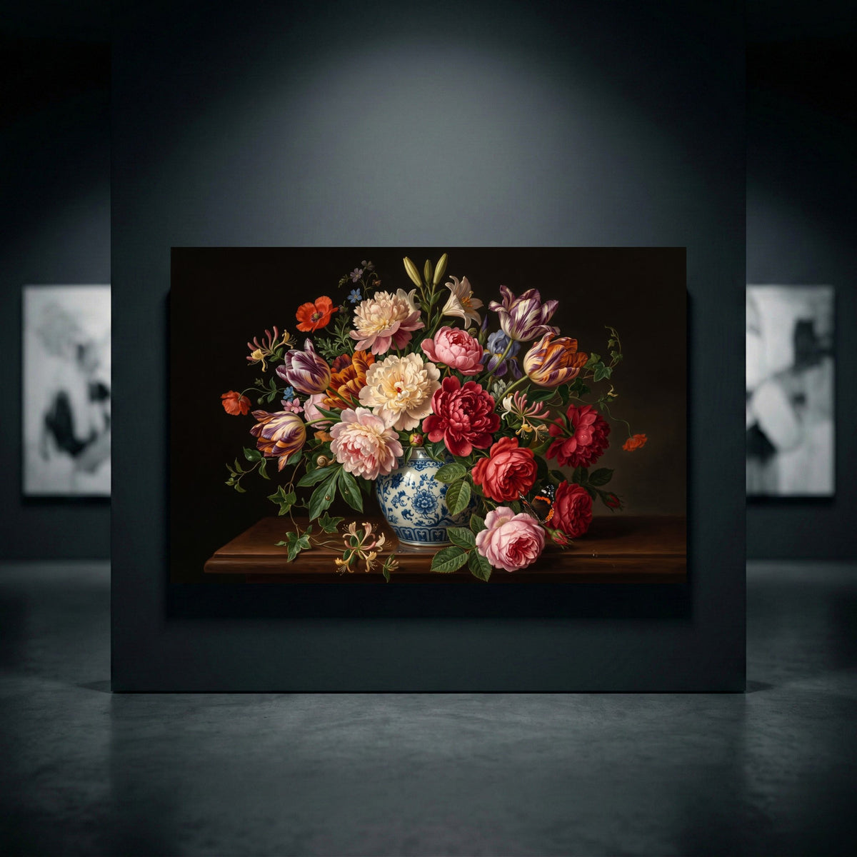 Vibrant floral still life canvas print featuring peonies, tulips, irises, lilies in a blue vase, oil painting style, dark background.