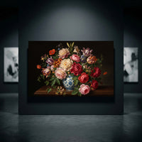 Vibrant floral still life canvas print featuring peonies, tulips, irises, lilies in a blue vase, oil painting style, dark background.