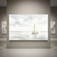 Minimalist watercolor style canvas print featuring a white sailboat on calm blue-gray waters under a cloudy sky. Serene seascape art.