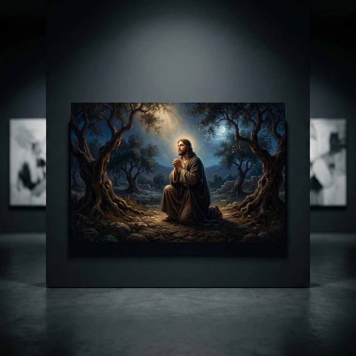 Spiritual Jesus in Gethsemane oil painting style canvas print, depicting prayer under moonlight in an olive grove.