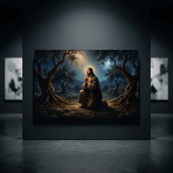 Spiritual Jesus in Gethsemane oil painting style canvas print, depicting prayer under moonlight in an olive grove.