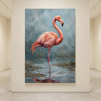 Vibrant pink flamingo oil painting style canvas print standing in shallow water with expressive brushstrokes.