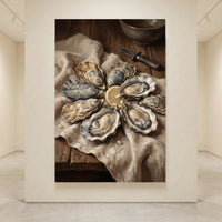 Still life canvas print of fresh oysters arranged with a lemon slice and pearls, depicting a rustic oil painting style.