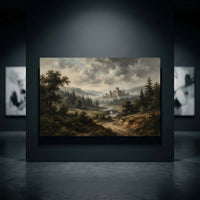 Misty castle landscape canvas print with dramatic skies, green forests, river, and stone bridge in an oil painting style.