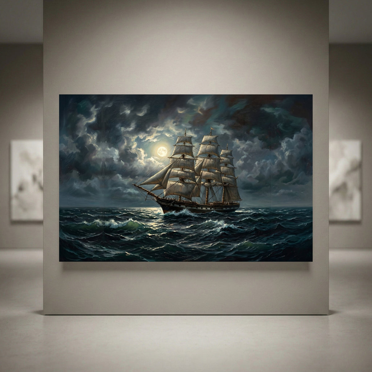 Moonlit three-masted ship on stormy ocean canvas print, oil painting style. Dramatic clouds, nautical seascape wall art decor.