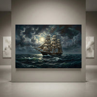 Moonlit three-masted ship on stormy ocean canvas print, oil painting style. Dramatic clouds, nautical seascape wall art decor.