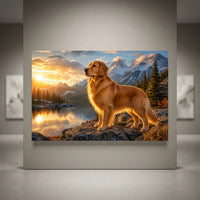 Golden Retriever dog canvas print at sunset by a mountain lake, featuring snow-capped peaks and pine trees.