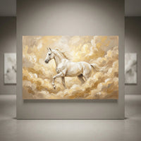 Oil painting style canvas print of a majestic white horse galloping through golden clouds.