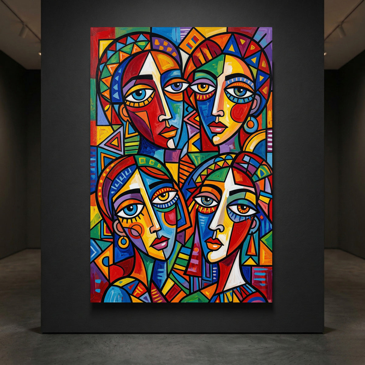 Colorful Abstract Faces Stretched Canvas Wall Art, Modern Geometric Portrait Print, Bold Room Decor