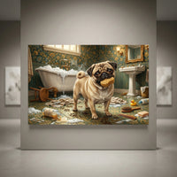 Pug Bathroom Stretched Canvas Wall Art, Humorous Dog Print, Vintage Powder Room Decor