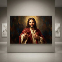 Jesus Christ portrait canvas print with halo and outstretched hand, featuring an inspirational oil painting style artwork.