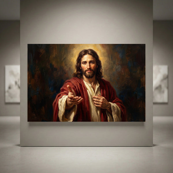 Jesus Christ portrait canvas print with halo and outstretched hand, featuring an inspirational oil painting style artwork.