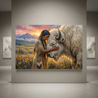 Native American woman embracing white bison in a wildflower field with mountains and sunset. Spiritual oil painting style canvas print.
