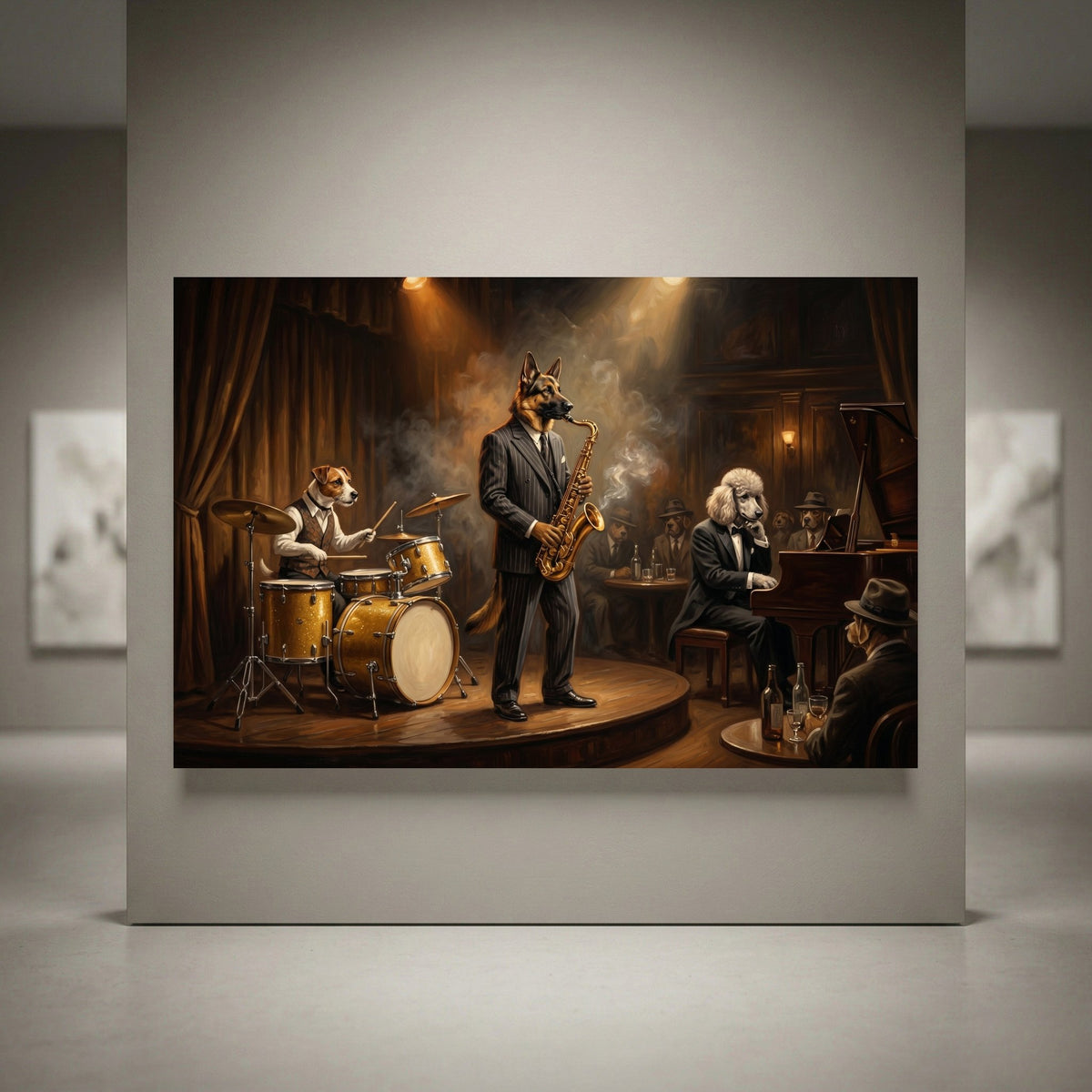 Oil painting style canvas print of a dog jazz band: German Shepherd saxophonist, Jack Russell drummer, Poodle pianist.