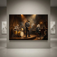 Oil painting style canvas print of a dog jazz band: German Shepherd saxophonist, Jack Russell drummer, Poodle pianist.
