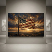 Weathered American flag canvas print at sunset, majestic mountain landscape, oil painting style, patriotic wall decor.