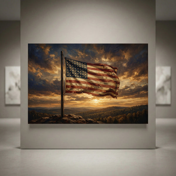 Weathered American flag canvas print at sunset, majestic mountain landscape, oil painting style, patriotic wall decor.