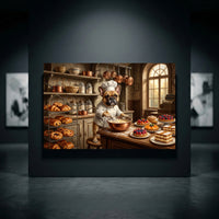 French Bulldog chef canvas print, a cute dog baking in a rustic kitchen, whisking batter with pastries and ingredients.