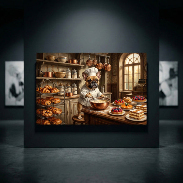 French Bulldog chef canvas print, a cute dog baking in a rustic kitchen, whisking batter with pastries and ingredients.