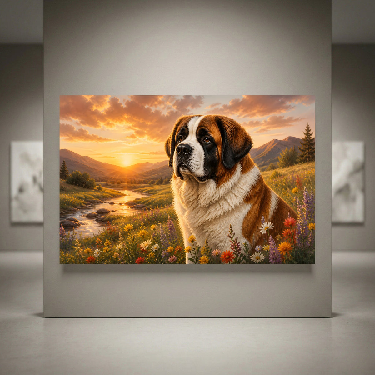 St. Bernard dog oil painting style canvas print in a golden sunset meadow with mountains and stream, vibrant flowers.