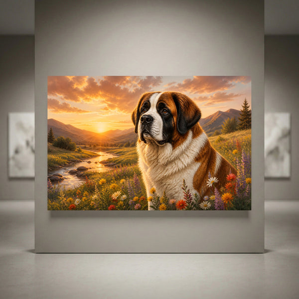St. Bernard dog oil painting style canvas print in a golden sunset meadow with mountains and stream, vibrant flowers.