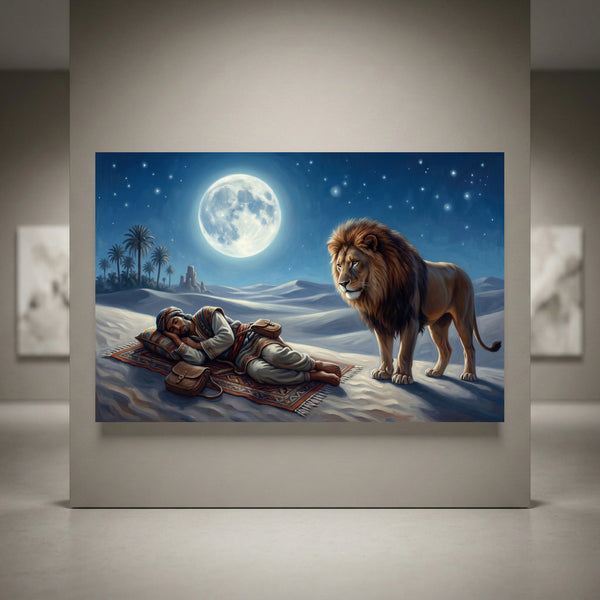 Moonlit desert canvas print of a man sleeping on a rug with a majestic lion watching over him, stars and palm trees.