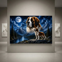 Saint Bernard dog & puppy canvas print, moonlit mountain lake scene, full moon, pine trees, detailed majestic canine art.