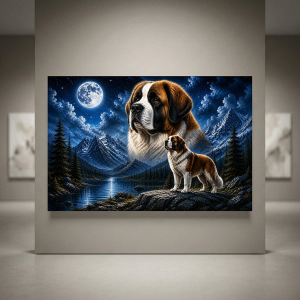 Saint Bernard dog & puppy canvas print, moonlit mountain lake scene, full moon, pine trees, detailed majestic canine art.