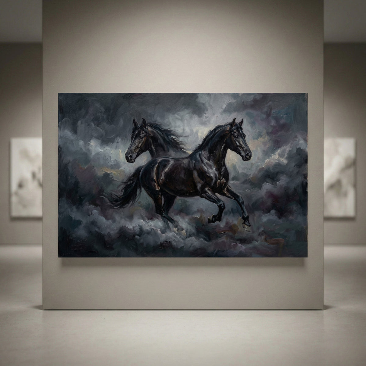 Dynamic black horses in oil painting style canvas print, galloping through dark, stormy clouds.