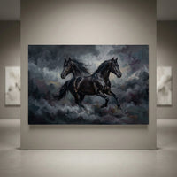 Dynamic black horses in oil painting style canvas print, galloping through dark, stormy clouds.