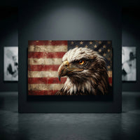 Regal bald eagle oil painting style canvas print featuring a distressed American flag backdrop in a dark gallery.