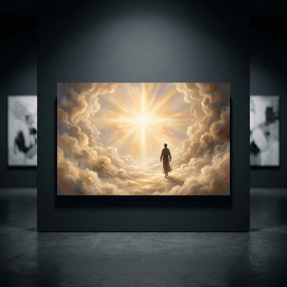 Spiritual canvas print of Jesus walking on heavenly clouds towards a bright, golden light in an oil painting style.