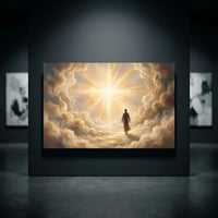 Spiritual canvas print of Jesus walking on heavenly clouds towards a bright, golden light in an oil painting style.