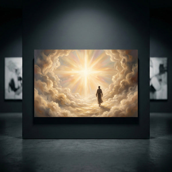 Spiritual canvas print of Jesus walking on heavenly clouds towards a bright, golden light in an oil painting style.