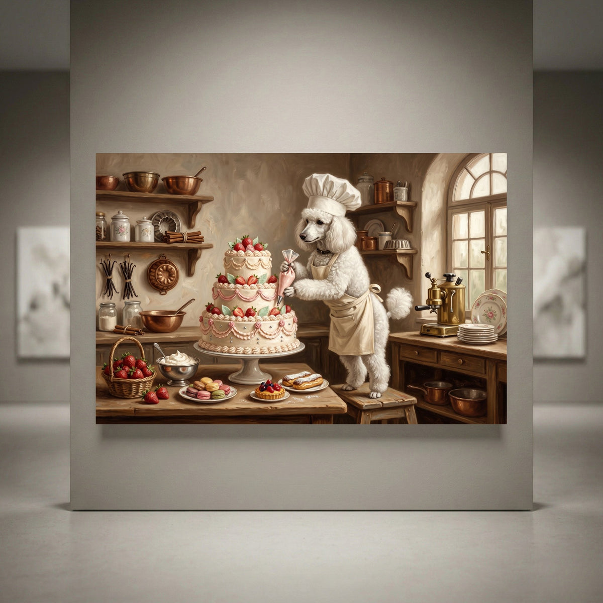 Whimsical white poodle chef decorating a tiered strawberry cake in a rustic bakery kitchen, charming canvas print.