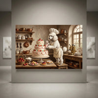 Whimsical white poodle chef decorating a tiered strawberry cake in a rustic bakery kitchen, charming canvas print.