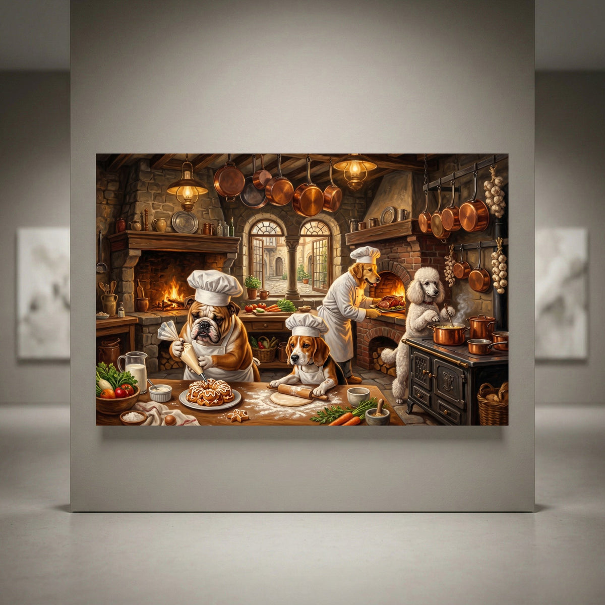 Canvas print of four chef dogs (bulldog, beagle, golden retriever, poodle) cooking in a warm, rustic kitchen, oil painting style.