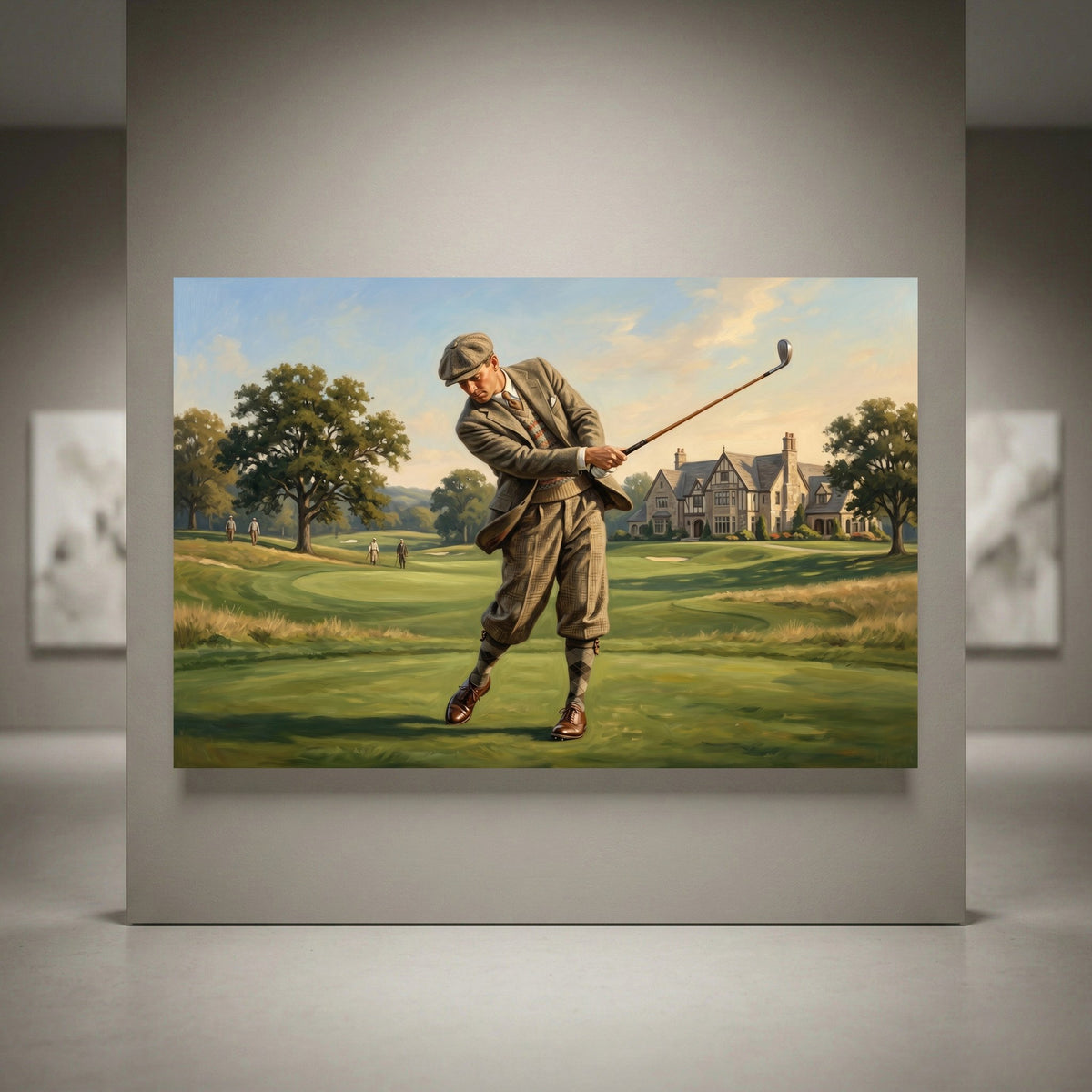 Vintage golfer oil painting style canvas print on a golf course with clubhouse, green fairways, and trees.