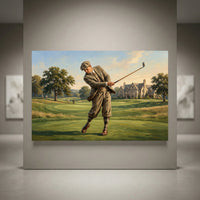 Vintage golfer oil painting style canvas print on a golf course with clubhouse, green fairways, and trees.