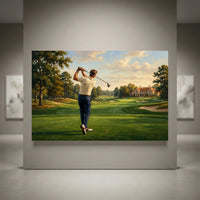 Oil painting style canvas print of a golfer mid-swing on a green course with trees and clubhouse under a sunset sky.