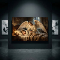 Classical guardian angel watching over sleeping child canvas print. Spiritual, serene artwork with warm tones.