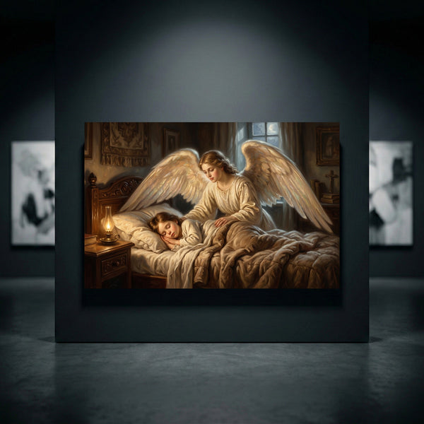 Classical guardian angel watching over sleeping child canvas print. Spiritual, serene artwork with warm tones.