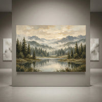 Misty mountain lake landscape canvas print featuring pine forests, a rustic cabin, and serene reflections in an oil painting style.