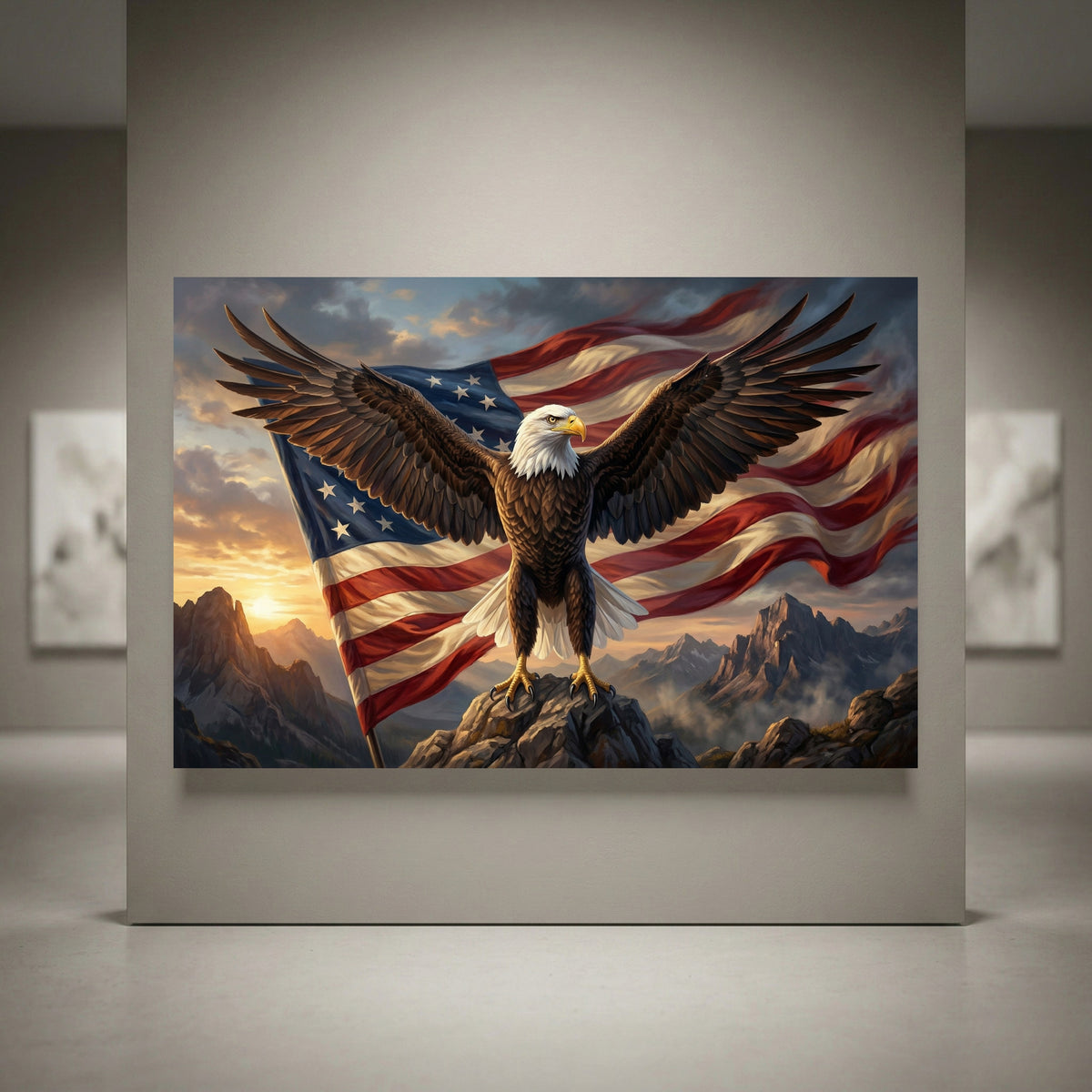 Bald Eagle Stretched Canvas Wall Art, American Flag Wildlife Print, Patriotic Statement Decor